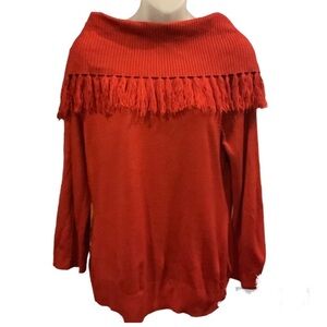 Dressbarn red fold over shoulder tasseled lightweight sweater sz large